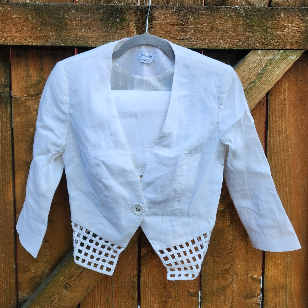 Bebe White Suit with Lattice Hem